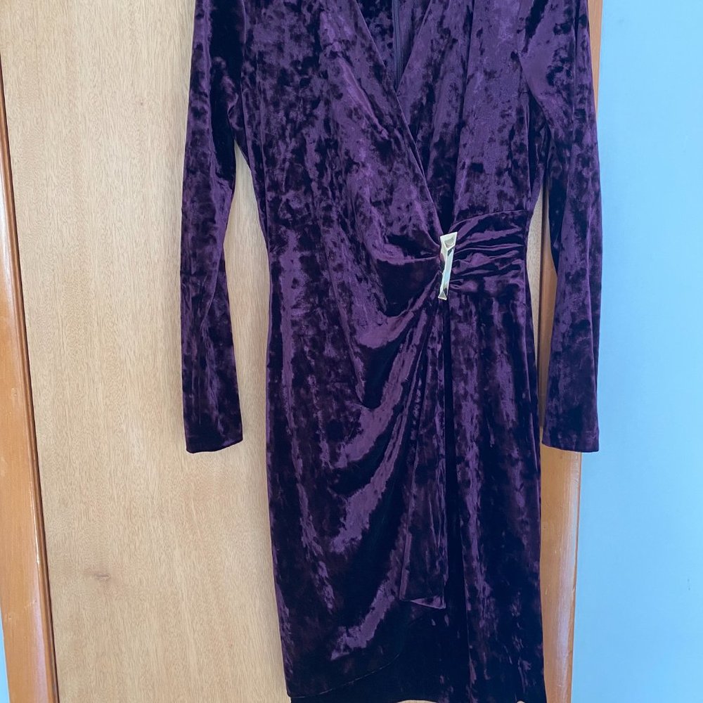 Calvin Klein Purple Crushed Velvet Long Sleeve Faux Wrap Dress
